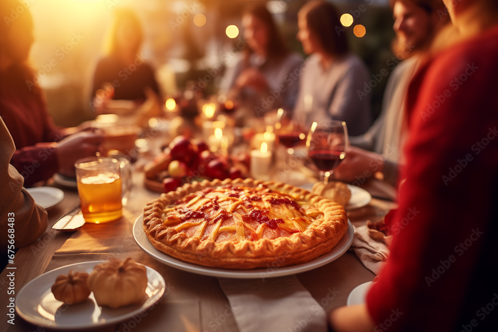 Thanksgiving Family Dinner: Delicious Apple Pie Close-Up.Created with Generative AI technology.