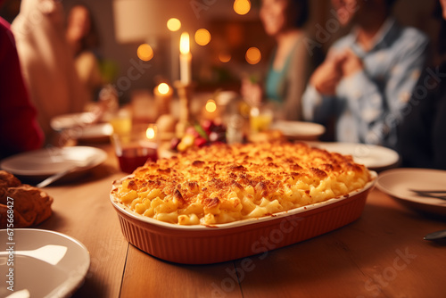 Thanksgiving Family Dinner: Macaroni and Cheese Close Up.Created with Generative AI technology.
