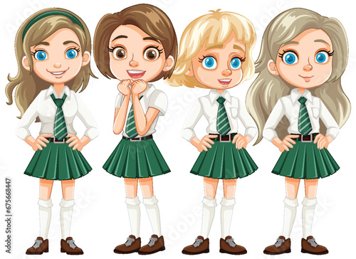 Beautiful Teen Students in School Uniform Cartoon