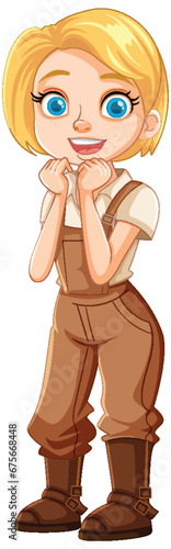 Smiling Blonde Woman Farmer in Overalls