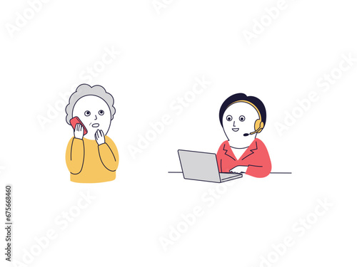 電話で問い合わせ相談するシニア女性と親切に顧客対応するカスタマーサポートの女性