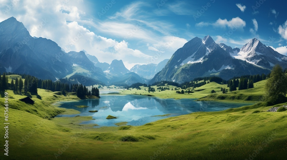 Panoramic view of idyllic summer landscape in the Alps with clear mountain lake and fresh green mountain pastures in the background - obrazy, fototapety, plakaty 