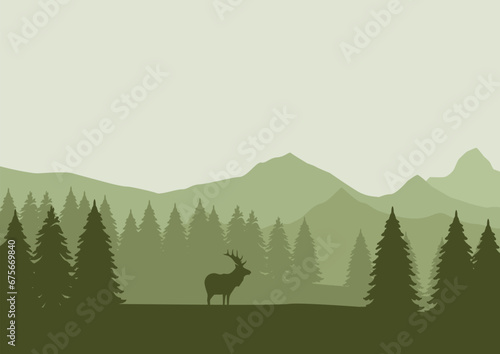 Mountains and pine forests with deer. Vector illustration in flat style.