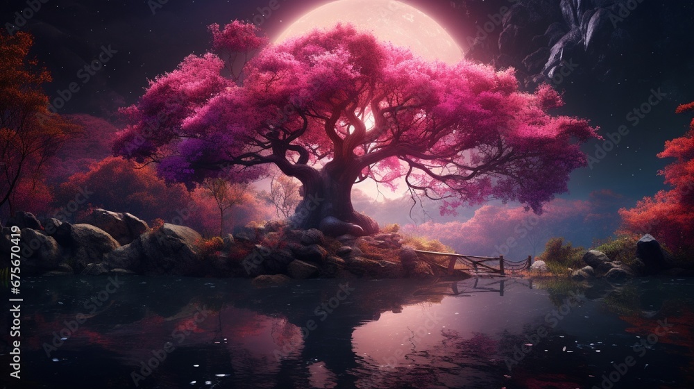 Pink tree and pond in the forest at night. Photomanipulation. Pink tree and pond in the forest at night. Photomanipulation.