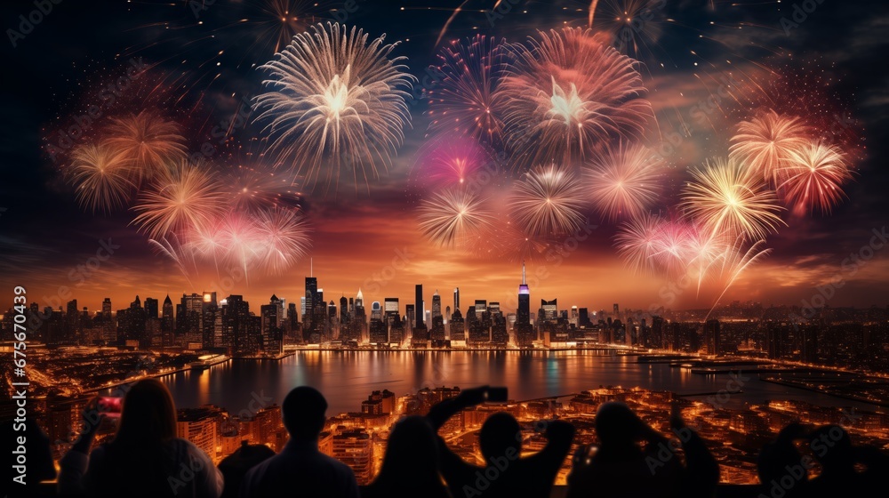 A spectacular New Year's Eve fireworks display over a city skyline, with families and friends gathered to watch - obrazy, fototapety, plakaty 