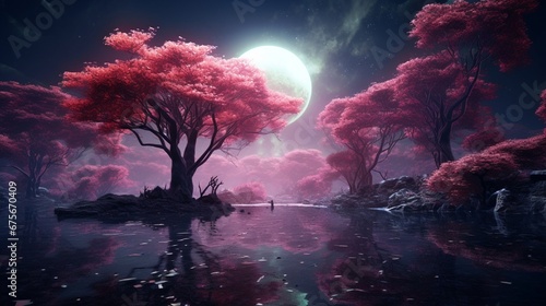 Pink tree and pond in the forest at night. Photomanipulation.