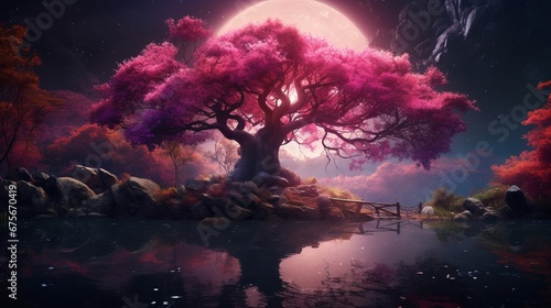 Pink tree and pond in the forest at night. Photomanipulation. © Muhammad