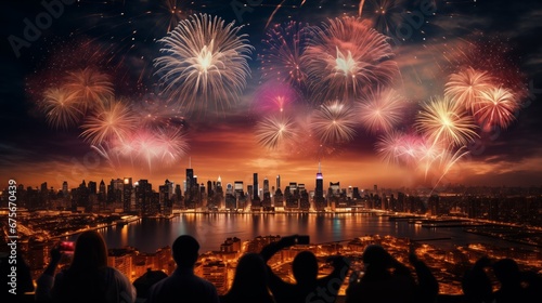 A spectacular New Year's Eve fireworks display over a city skyline, with families and friends gathered to watch photo