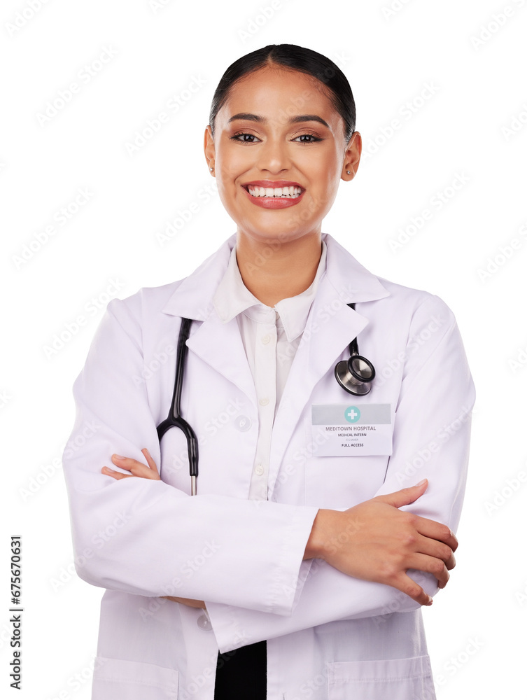 Φωτογραφία Happy woman, portrait and professional doctor in confidence with arms crossed isolated on a transparent PNG background