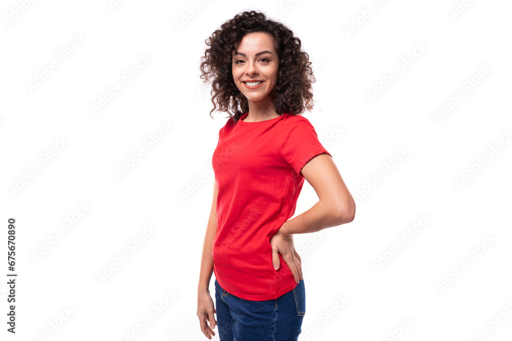 young beautiful curly brunette woman dressed in a red t-shirt with an identity print mockup young beautiful curly brunette woman dressed in a red t-shirt with an identity print mockup
