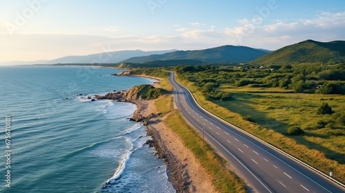 Road landscape on the beach. beautiful road on coast. highway landscape at colorful sunset. coastal road in europe. Stunning sea with summer vacation. Island beach and highway view on summer holiday. photo