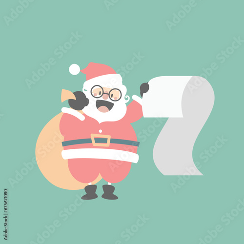 merry christmas and happy new year with cute santa claus holding christmas bag sack and wish list in the winter season, flat vector illustration cartoon character costume design