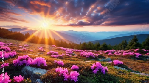 Splendid fields of blooming rhododendron flowers on a summer day. Location place Carpathian mountains, National Park Chornohora, Ukraine, Europe. Photo wallpaper. Discover the beauty of earth. photo