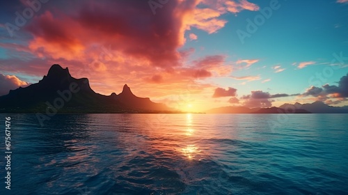 Stunning colorful sunset sky on the horizon of Moorea, the South Pacific Ocean.