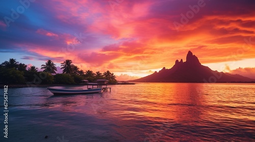 Stunning colorful sunset sky on the horizon of Moorea, the South Pacific Ocean.
