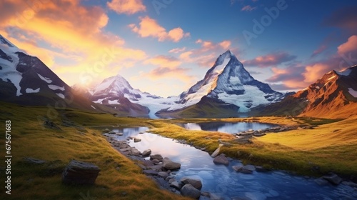Sunset view on Bernese range above Bachalpsee lake. Highest peaks Eiger, Jungfrau and Faulhorn in famous location. Switzerland alps, Grindelwald valley