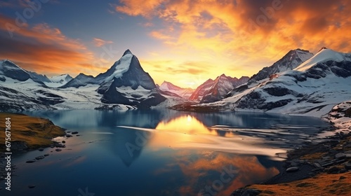 Sunset view on Bernese range above Bachalpsee lake. Highest peaks Eiger, Jungfrau and Faulhorn in famous location. Switzerland alps, Grindelwald valley