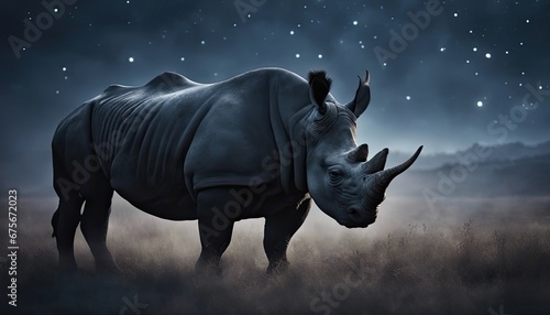 A solitary black rhinoceros under the night sky