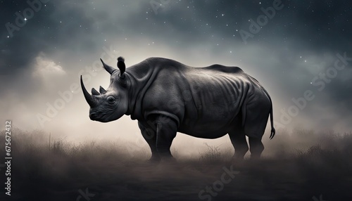 A solitary black rhinoceros under the night sky