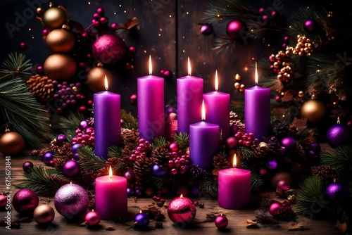 Advent Candles In Christmas Wreath - Three Purple And One Pink As A Religious Symbol