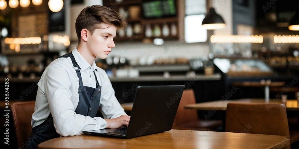 A young man working with a laptop at the coffee shop. Work From Anywhere concept. A young man working with a laptop at the coffee shop. Work From Anywhere concept.