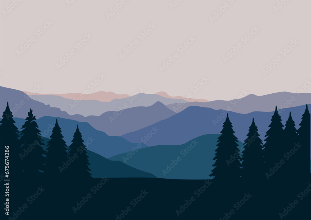 Landscape with mountains and pine forests. Vector illustration in flat style.