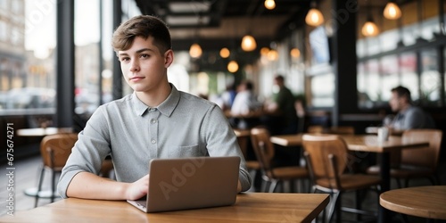 A young man working with a laptop at the coffee shop. Work From Anywhere concept.