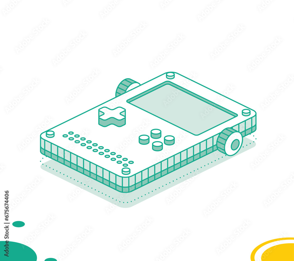 Isometric portable handheld retro gaming console with buttons. Outline concept. Object isolated on white background. Isometric portable handheld retro gaming console with buttons. Outline concept. Object isolated on white background.
