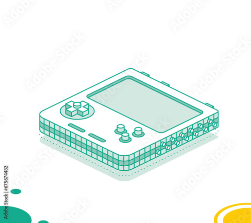 Isometric portable handheld retro gaming console with buttons. Outline concept. Object isolated on white background.