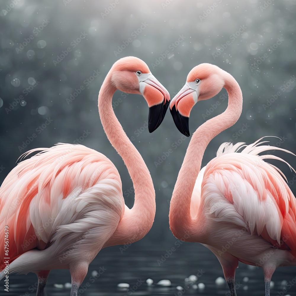 Naklejka premium Two flamingos in a courtship dance, animal love, flamingos love, flamingo dance, 