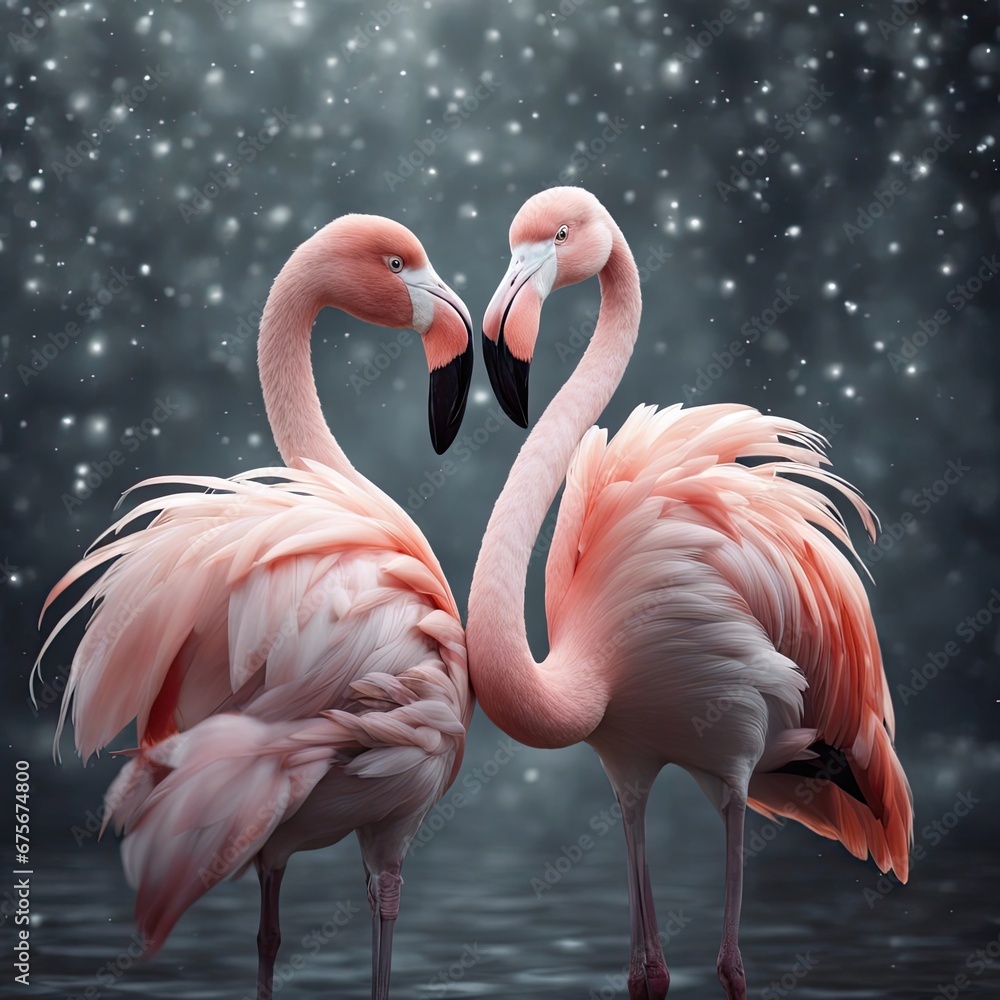 Naklejka premium Two flamingos in a courtship dance, animal love, flamingos love, flamingo dance, 
