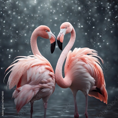 Two flamingos in a courtship dance, animal love, flamingos love, flamingo dance, 