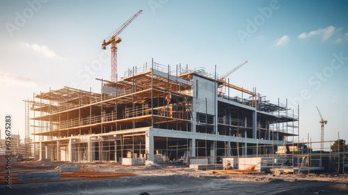 Construction background: A Construction site of large residential commercial building, some already built, large metal structure with bright sky background.