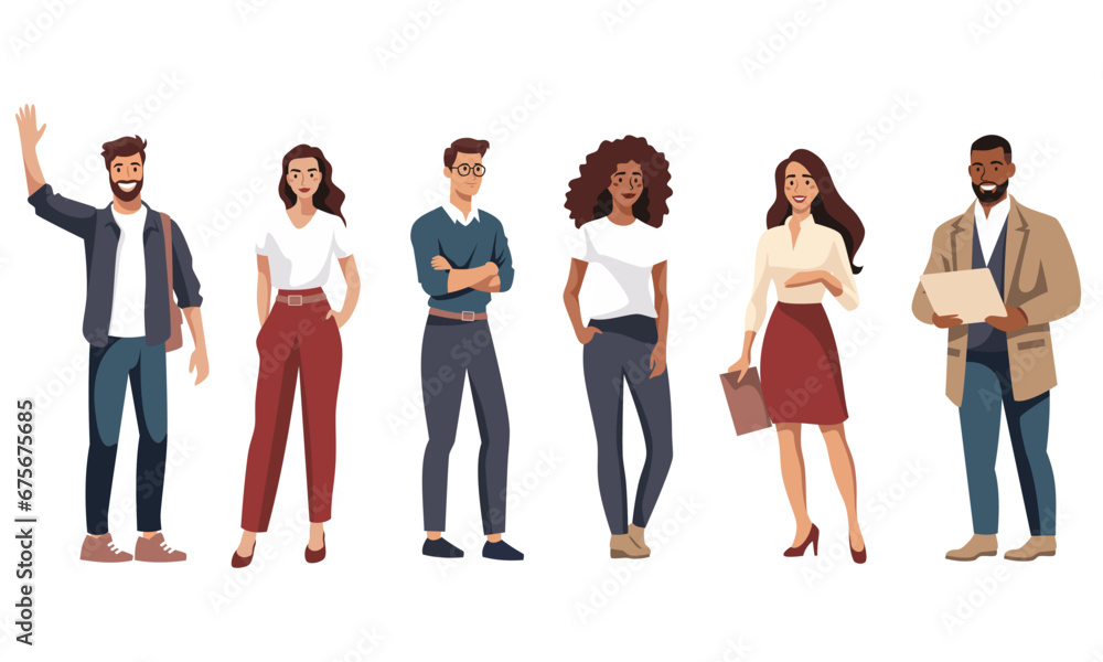 A vector set of young people. Men and a woman of different nationalities are standing and smiling, waving their hands . Vector illustration