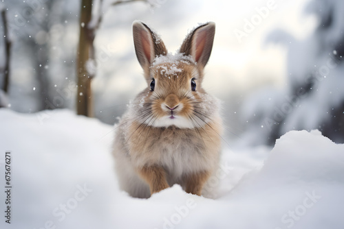 Brown bunny sitting in snow during winter