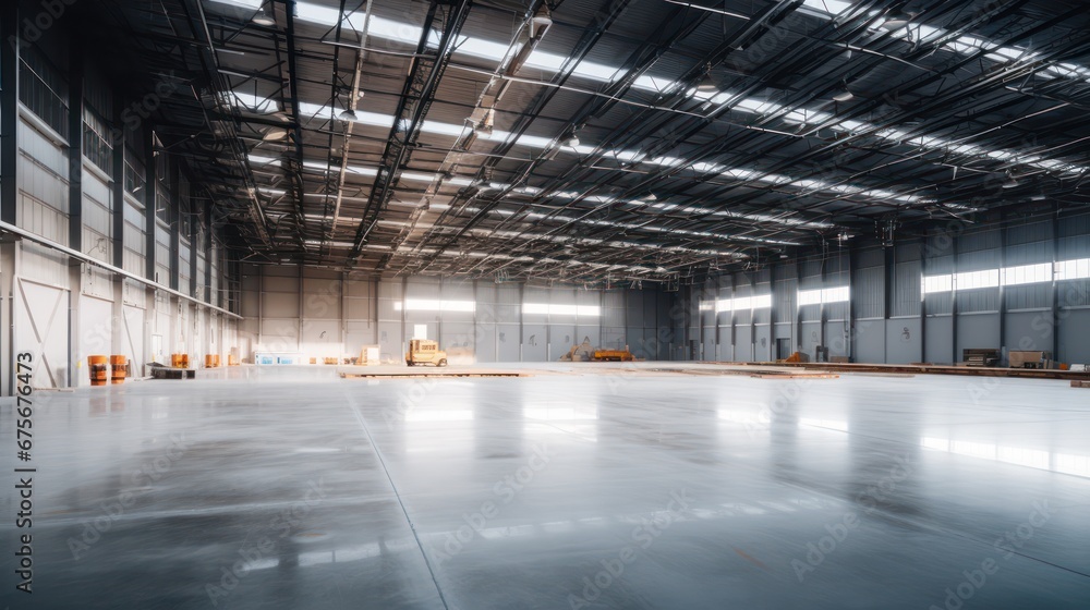 A Empty warehouse with concrete floor inside industrial building Use it as a large factory, warehouse, hangar or factory. Modern interior with steel structure with space for an industrial background.