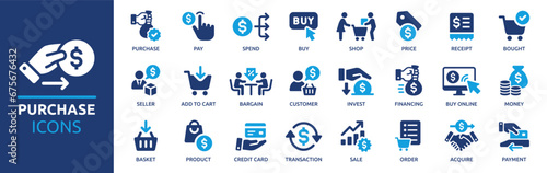 Purchase icon set. Containing buy, pay, order, shop, price, payment, product, spend, receipt and more. Solid vector icons collection.