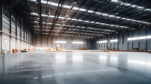 A Empty warehouse with concrete floor inside industrial building Use it as a large factory, warehouse, hangar or factory. Modern interior with steel structure with space for an industrial background. © Phoophinyo