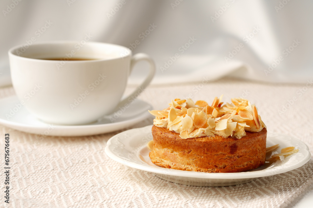 Close up of tartlet with almond petals Close up of tartlet with almond petals