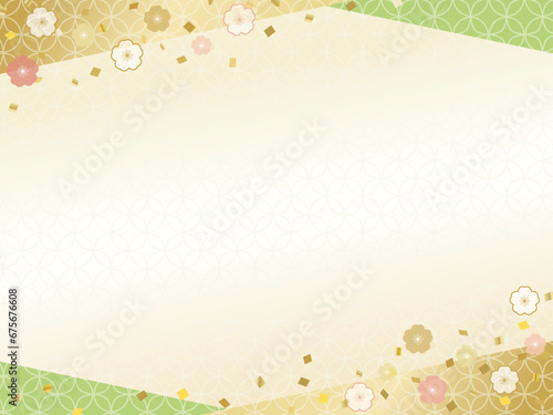 和風の背景素材、金と緑の華やかな紙吹雪の枠、年末年始やお正月のバナーに

