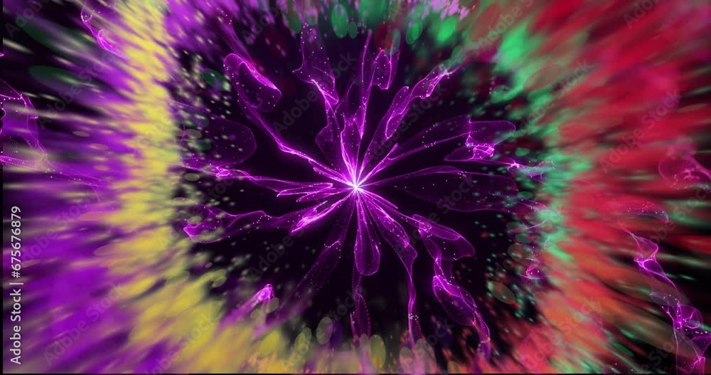 Animation of colourful light trails and spots on black background Animation of colourful light trails and spots on black background