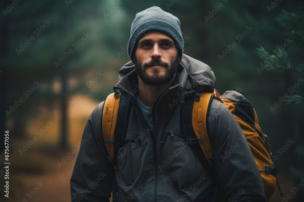 Young hiker with backpack in forest.