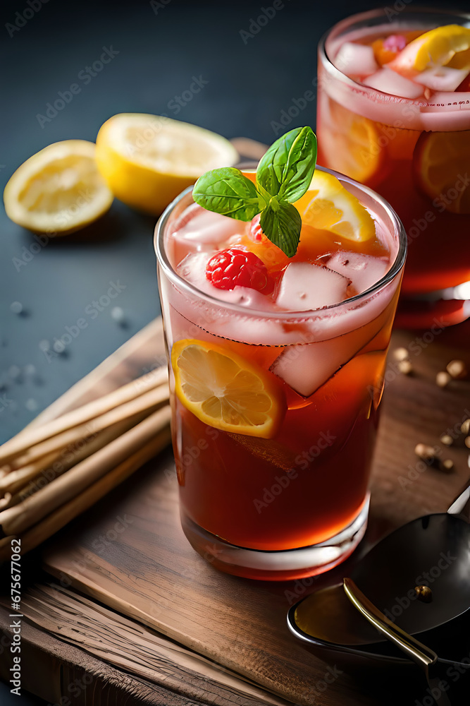 Refreshing Fruity Summer Drink on Table with Lemon and Mint Refreshing Fruity Summer Drink on Table with Lemon and Mint