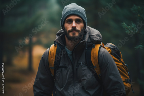 Young hiker with backpack in forest. © Anna