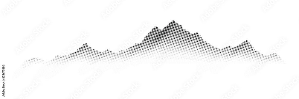 Vector halftone dots background, fading dot effect. Imitation of a mountain landscape, banner, shades of gray. - obrazy, fototapety, plakaty 