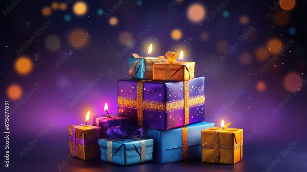 Diwali Deepavali, gift boxes and glowing candle lights. Happy Diwali