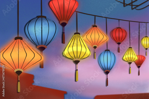 Many colorful traditional Vietnamese silk lanterns light up in Hoi An ancient town illustration