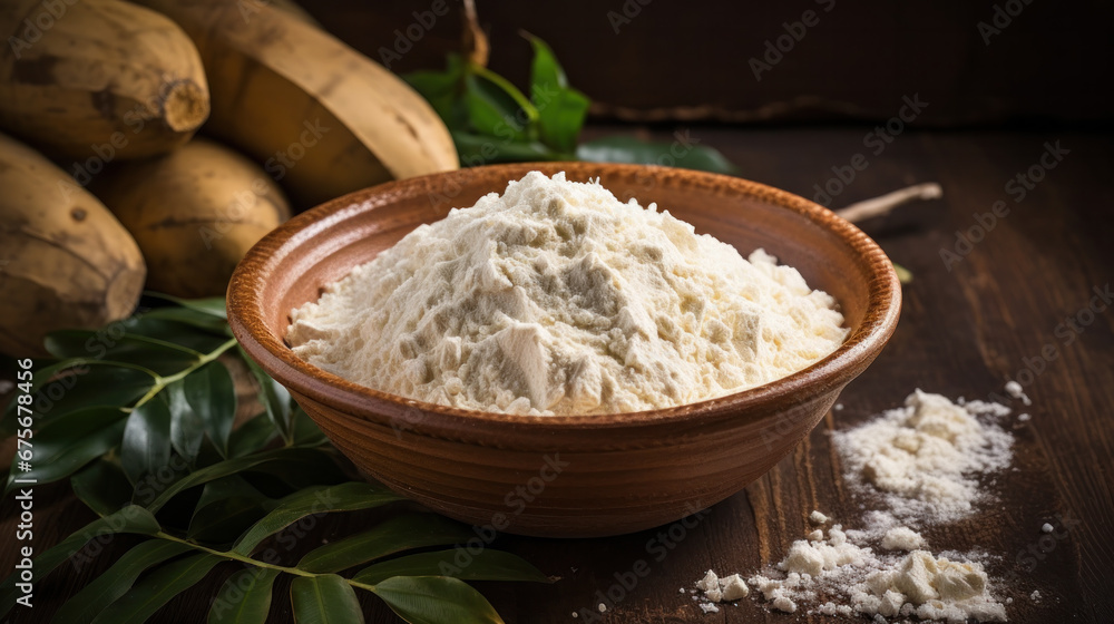 Sweet Potato powder freeze dried raw materials for the food industry on wooden table Sweet Potato powder freeze dried raw materials for the food industry on wooden table