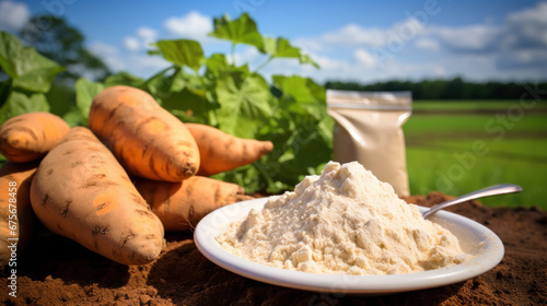 Sweet Potato powder freeze dried raw materials for the food industry on farm background photo