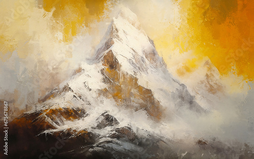 Abstract golden mountain oil painting art painting, hand drawn mountain wallpaper background © Cici